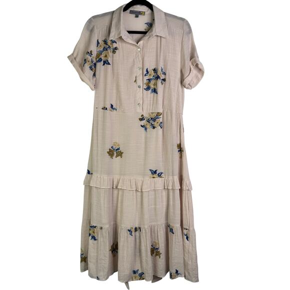 Figueroa & Flower Embroidered Tiered Midi Dress Flowy Floral Ruffle Large Tan L - Picture 3 of 15